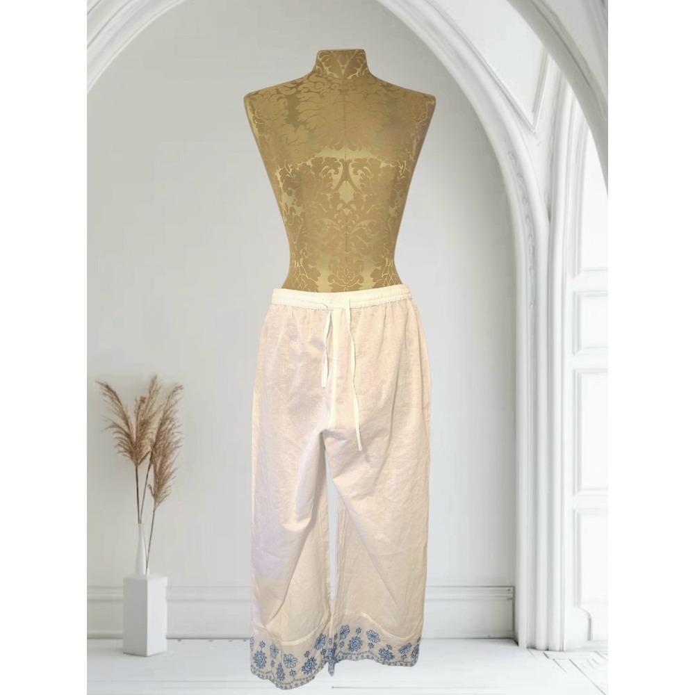 Country Store Vtg Women's Cotton White Sleepwear Pants Blue Floral Embroiderd M